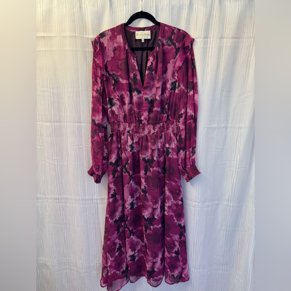 Charles Henry Pink and Black Plunge Neck Bishop Sleeve Dress